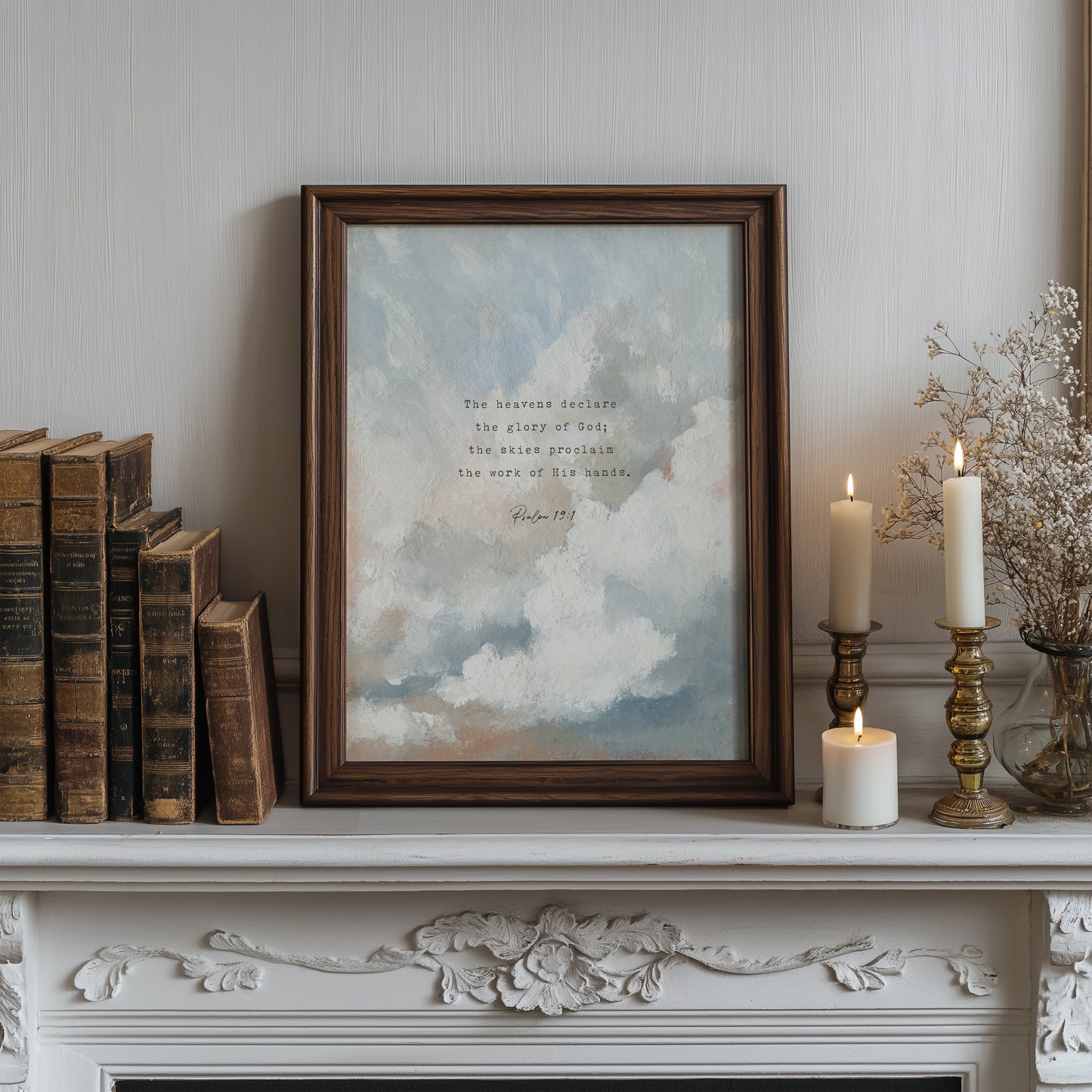 Christian Wall Art – Psalm 19:1 Cloud Scripture Print | “Heavens Declare” Vintage Sky Decor