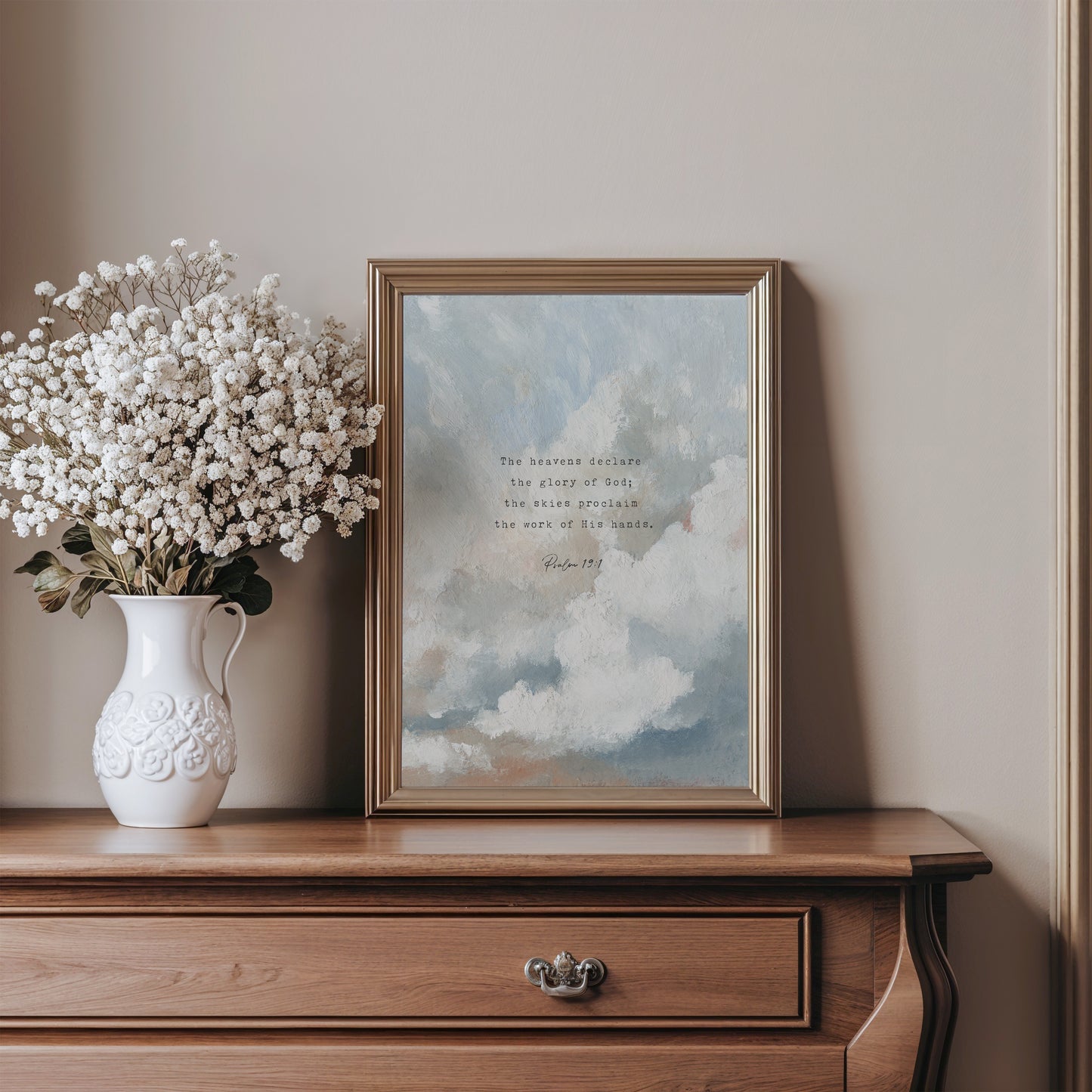 Christian Wall Art – Psalm 19:1 Cloud Scripture Print | “Heavens Declare” Vintage Sky Decor
