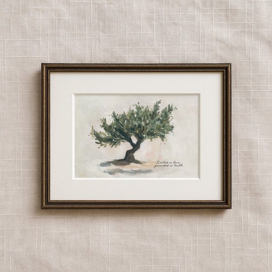 Olive tree Christian art print with scripture “Rooted in love, grounded in truth”