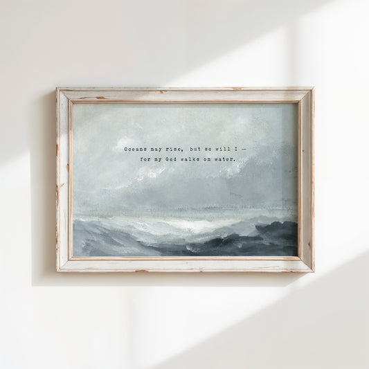 Ocean waves Christian wall art with Isaiah 43:2 scripture quote