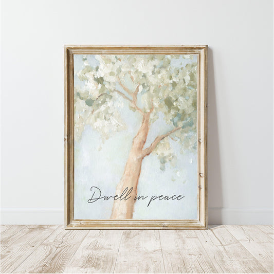Modern Christian Wall Art | Tree Branch Print | Vintage Faith Decor – “Dwell in Peace”