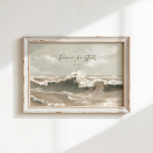 Peace, Be Still ocean wave art in neutral colors