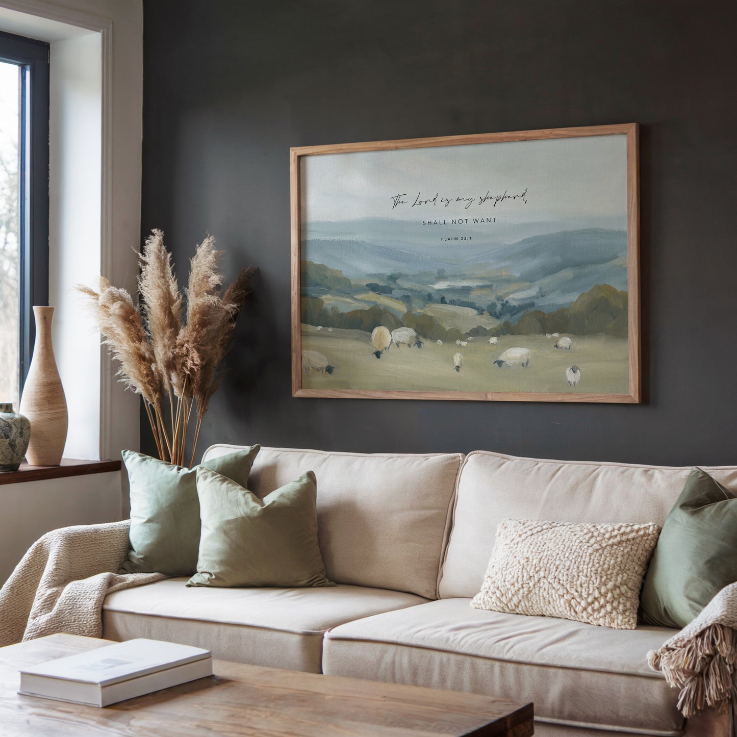 Christian wall art of Psalm 23 with sheep in green pasture hills