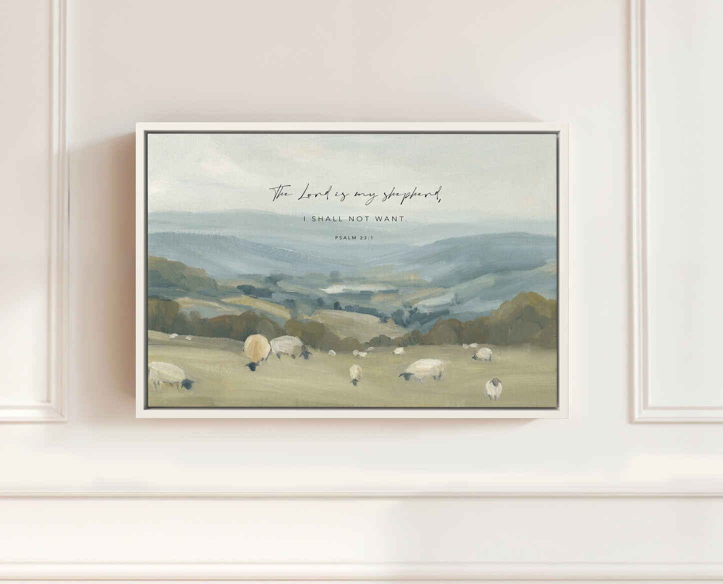 Sheep resting on peaceful hills Christian wall art Psalm 23 theme