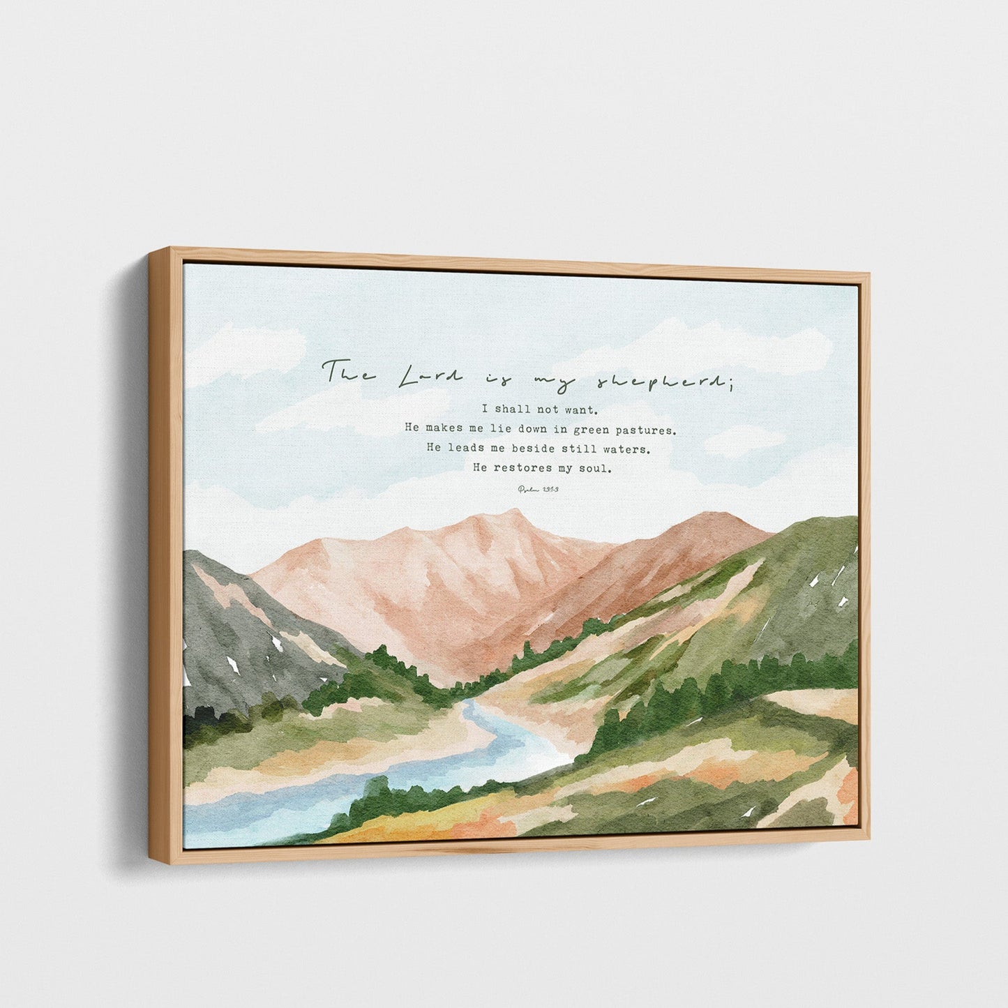 Psalm 23 — Christian Wall Art with Serene Mountain and Creek Landscape