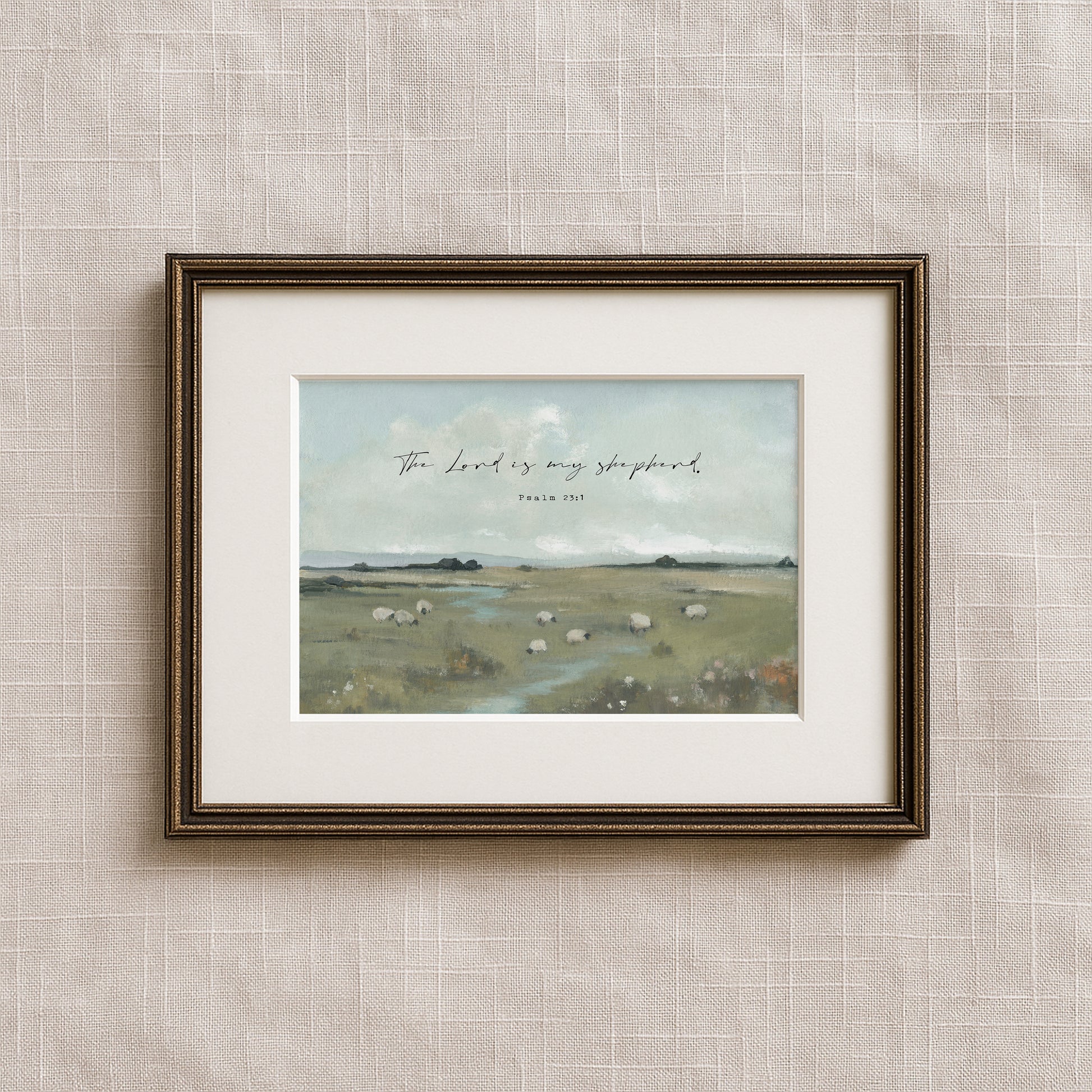 Christian landscape wall art with sheep in field