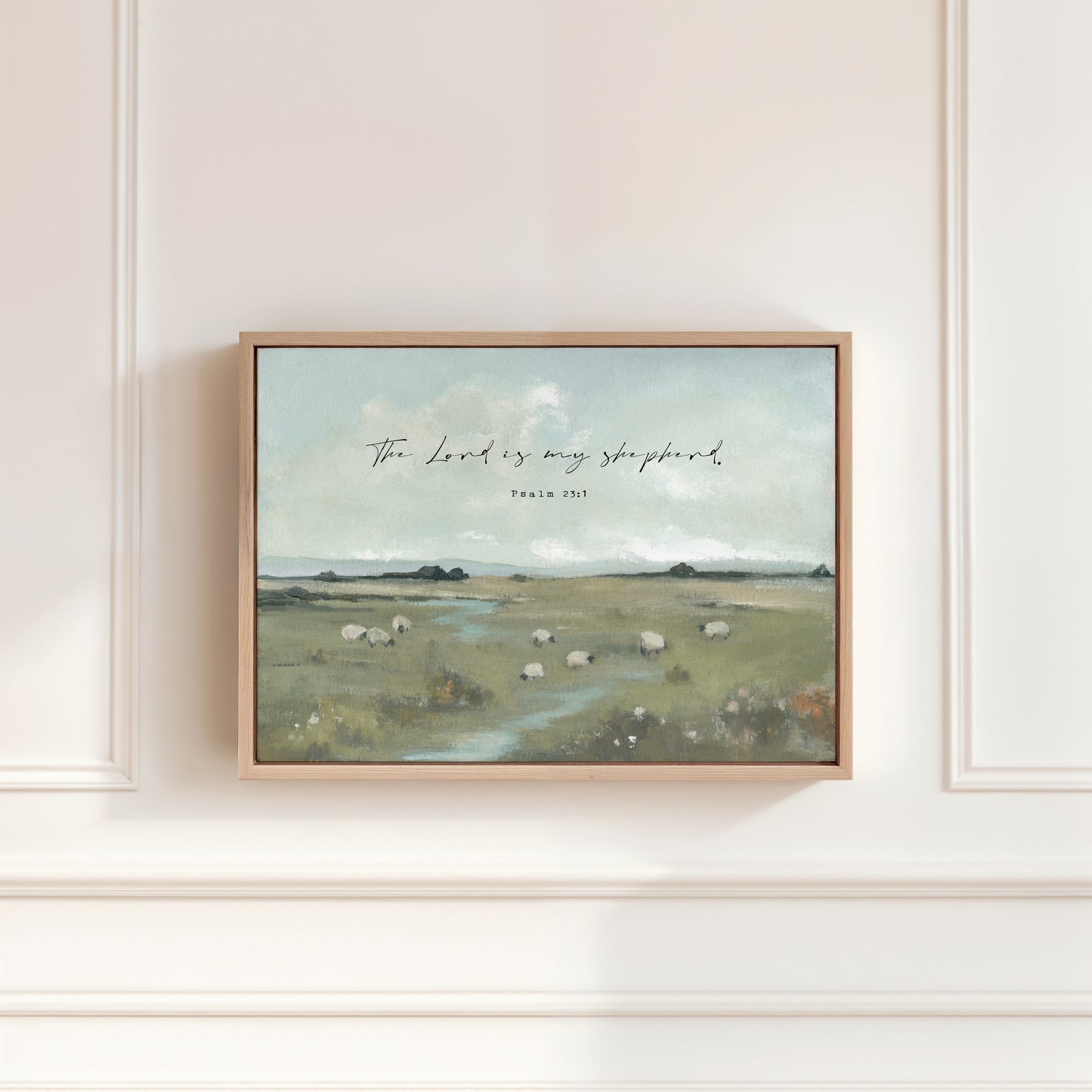 Framed canvas of green field and grazing sheep