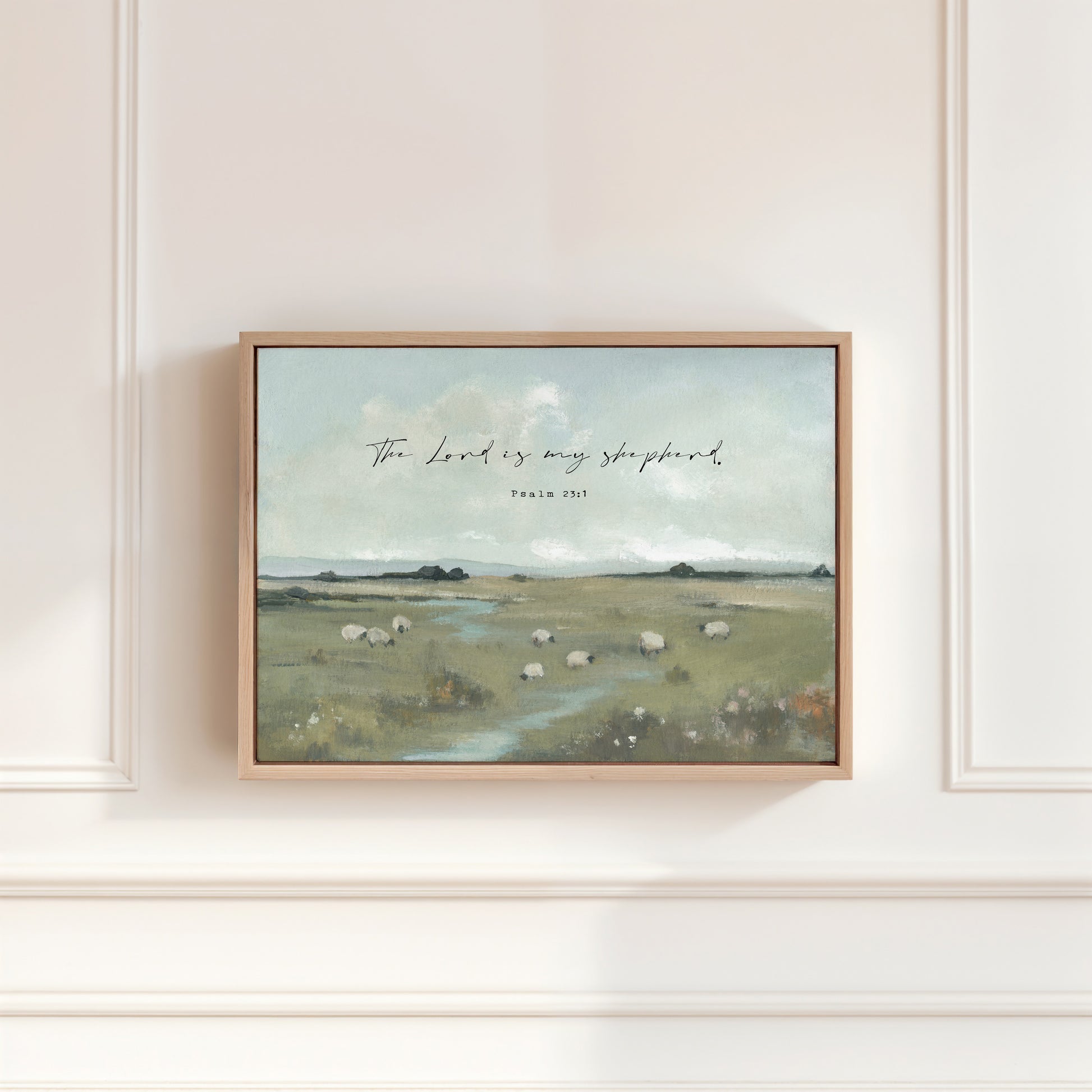 Framed canvas of green field and grazing sheep