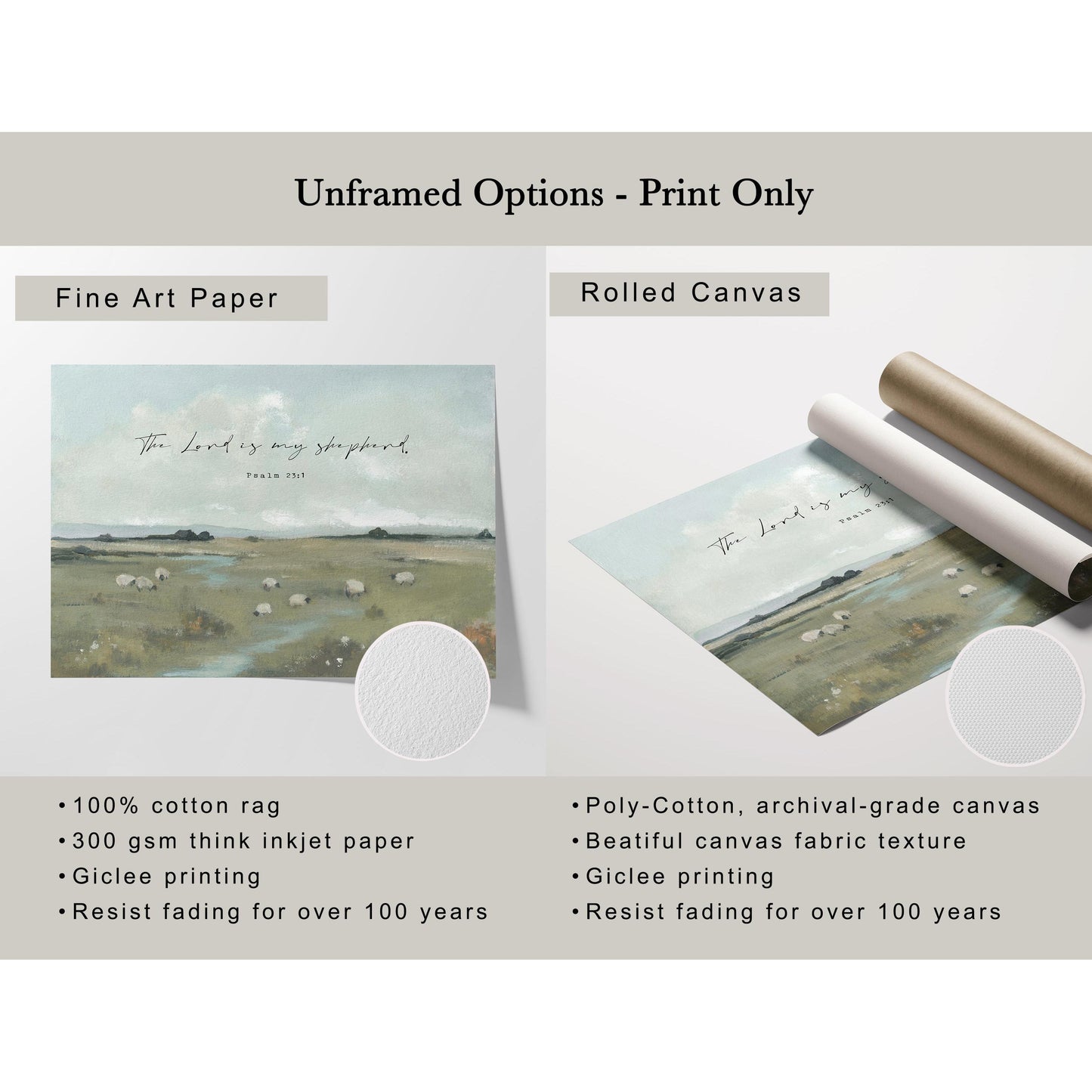 Psalm 23 Wall Art | Christian Landscape Decor – “The Lord is My Shepherd” Green Pasture and Sheep Print