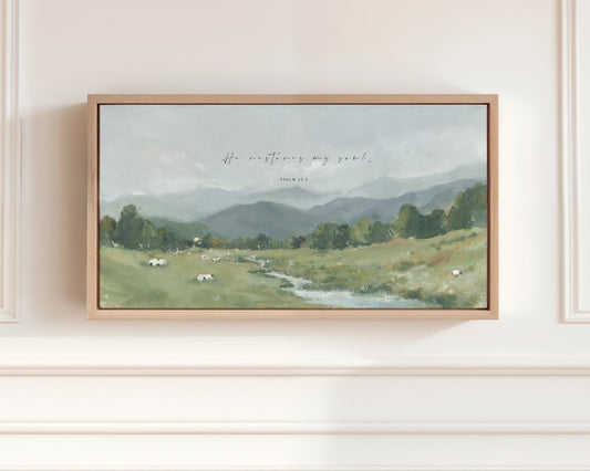 Christian wall art landscape in floating canvas frame with Psalm 23 He Restores My Soul verse