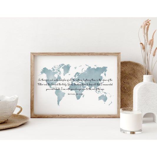 World Map Art Print with Bible Verse Matthew 28:19-20