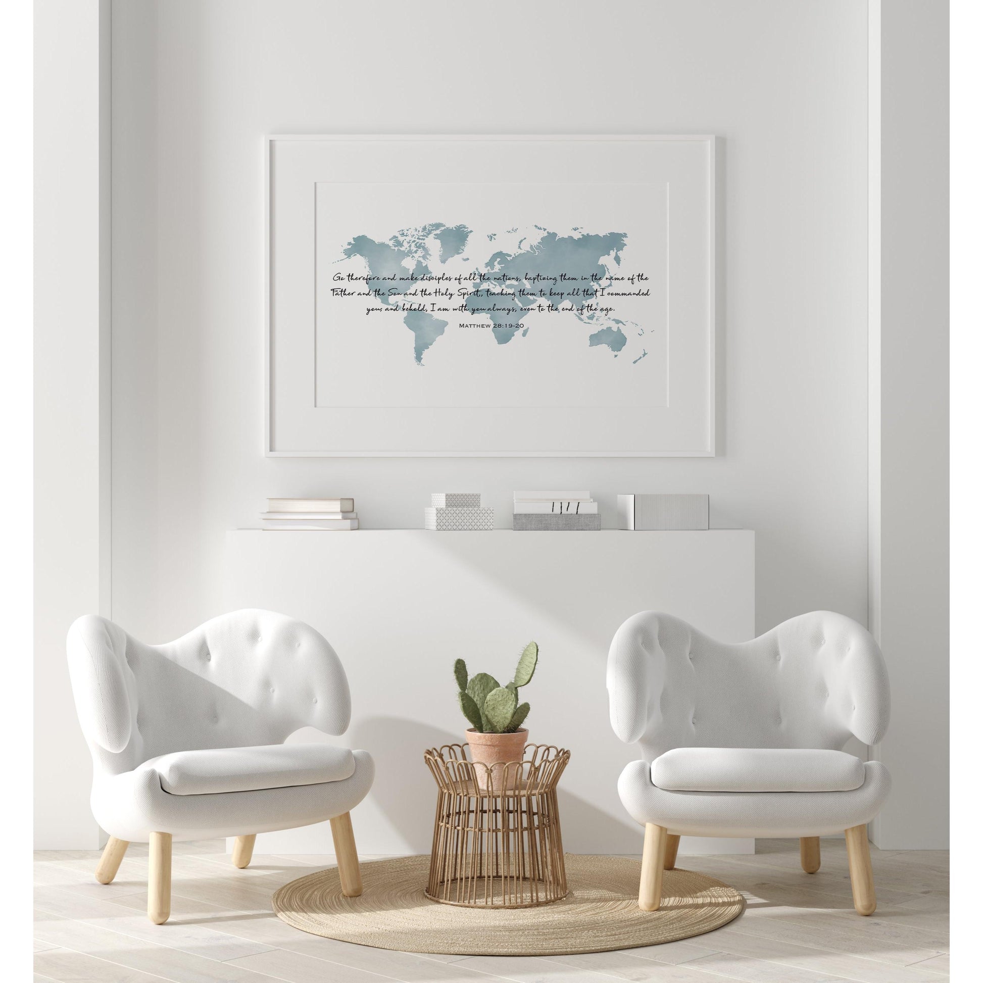 World Map Art Print with Bible Verse Matthew 28:19-20