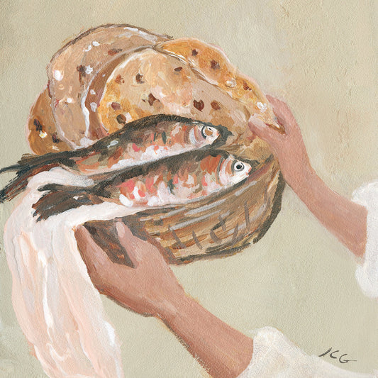 Textured painting of hands presenting a woven basket filled with five loaves and two fish, inspired by Jesus feeding the five thousand.