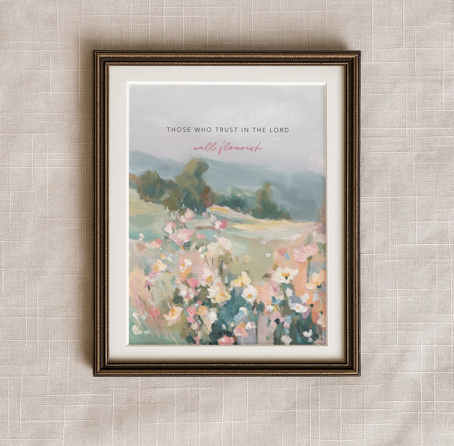Christian wall art of wildflowers and trees with Bible verse trust and flourish