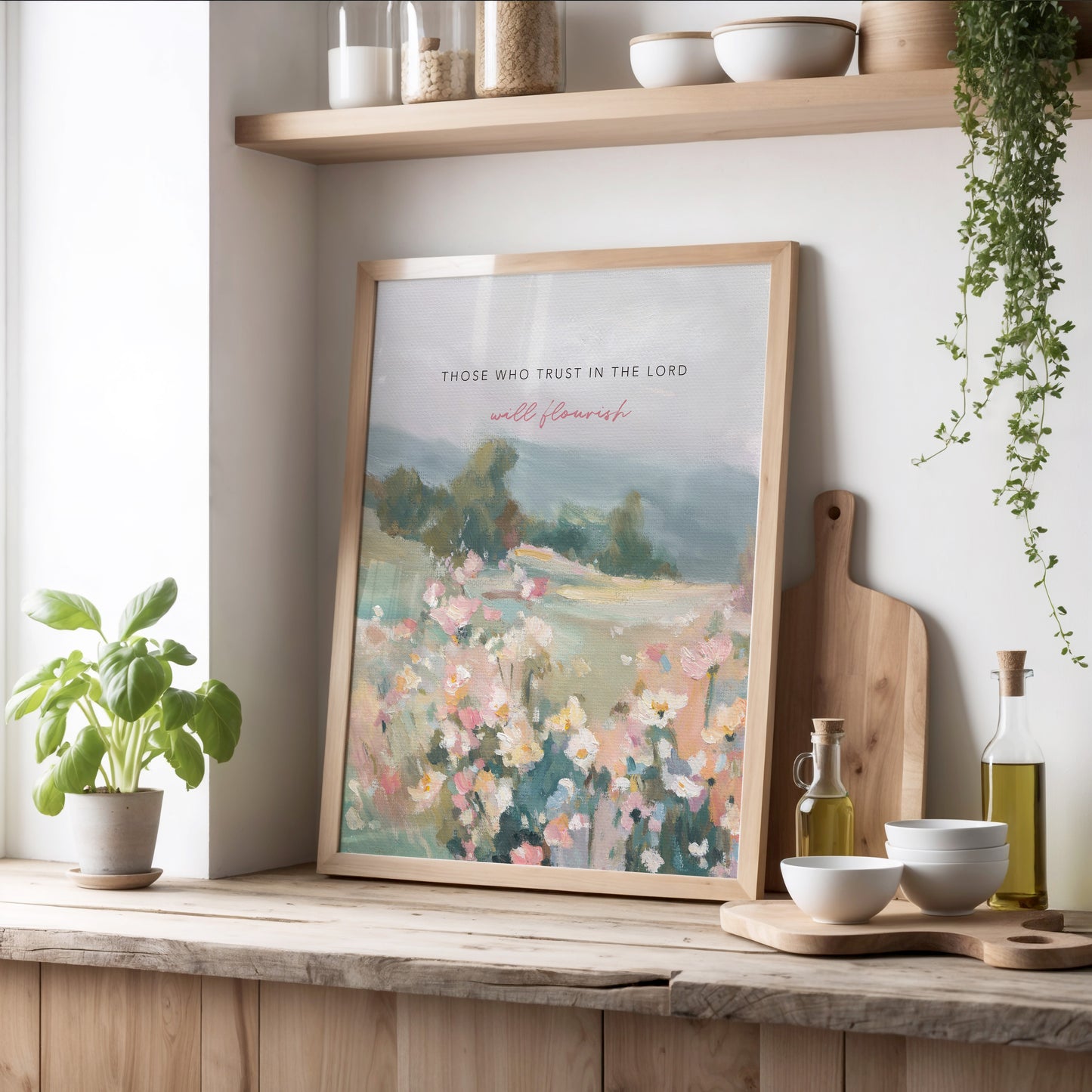 Christian wall art of wildflowers and trees with Bible verse trust and flourish