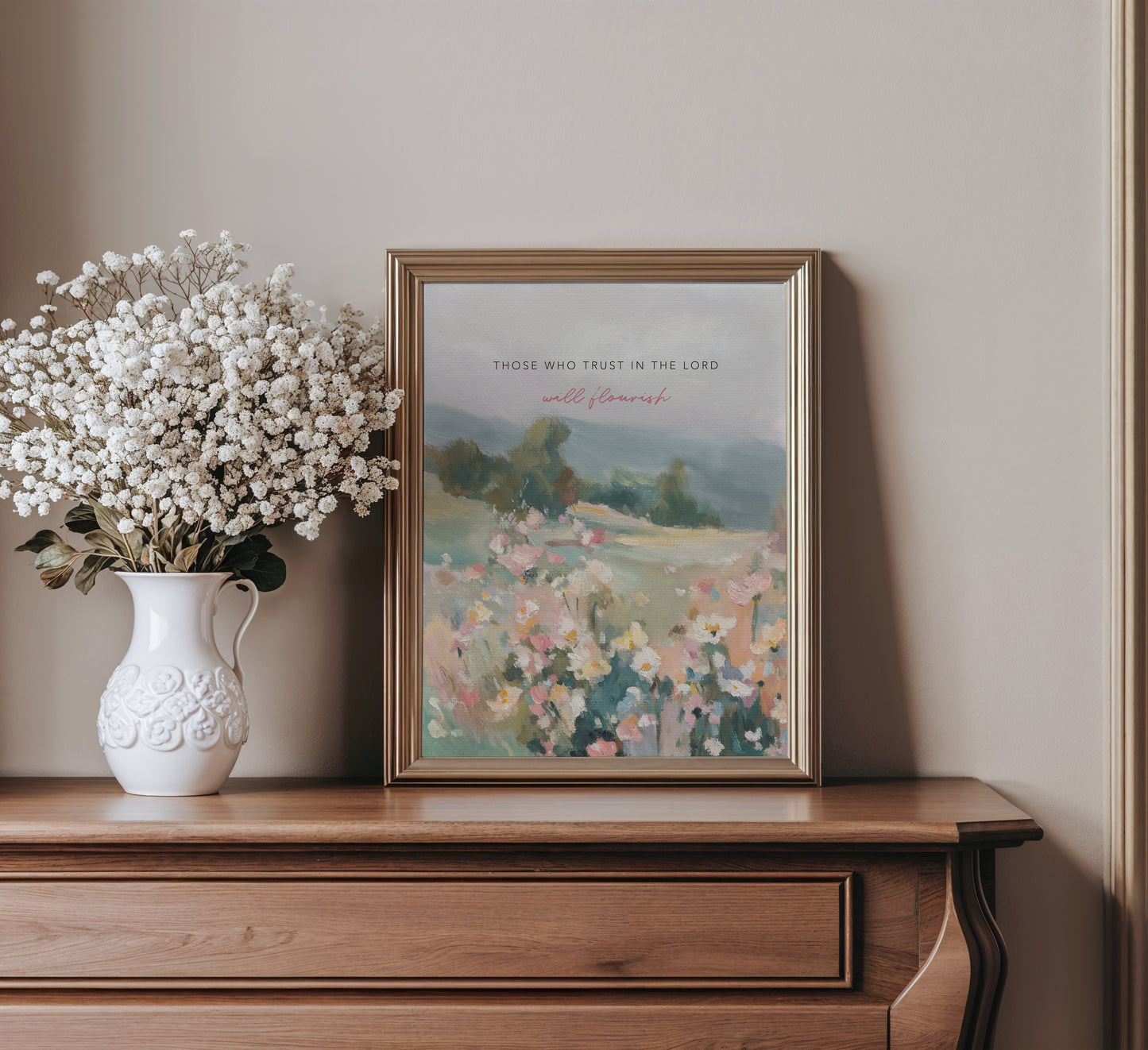 Christian wall art of wildflowers and trees with Bible verse trust and flourish