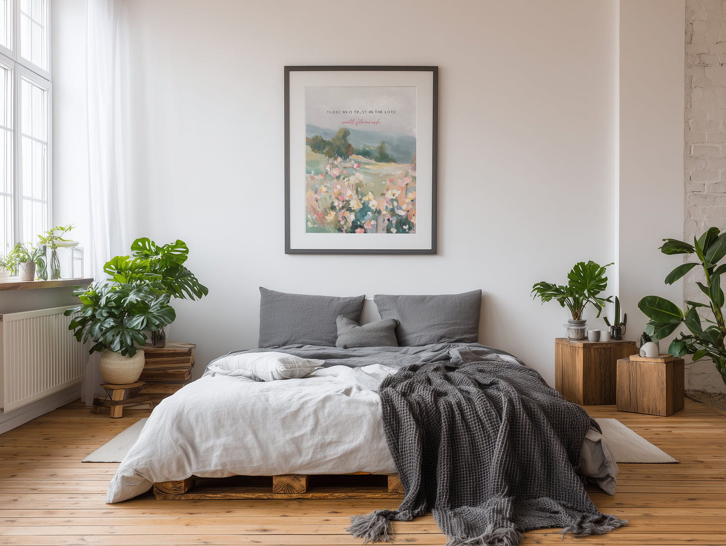 Christian wall art of wildflowers and trees with Bible verse trust and flourish