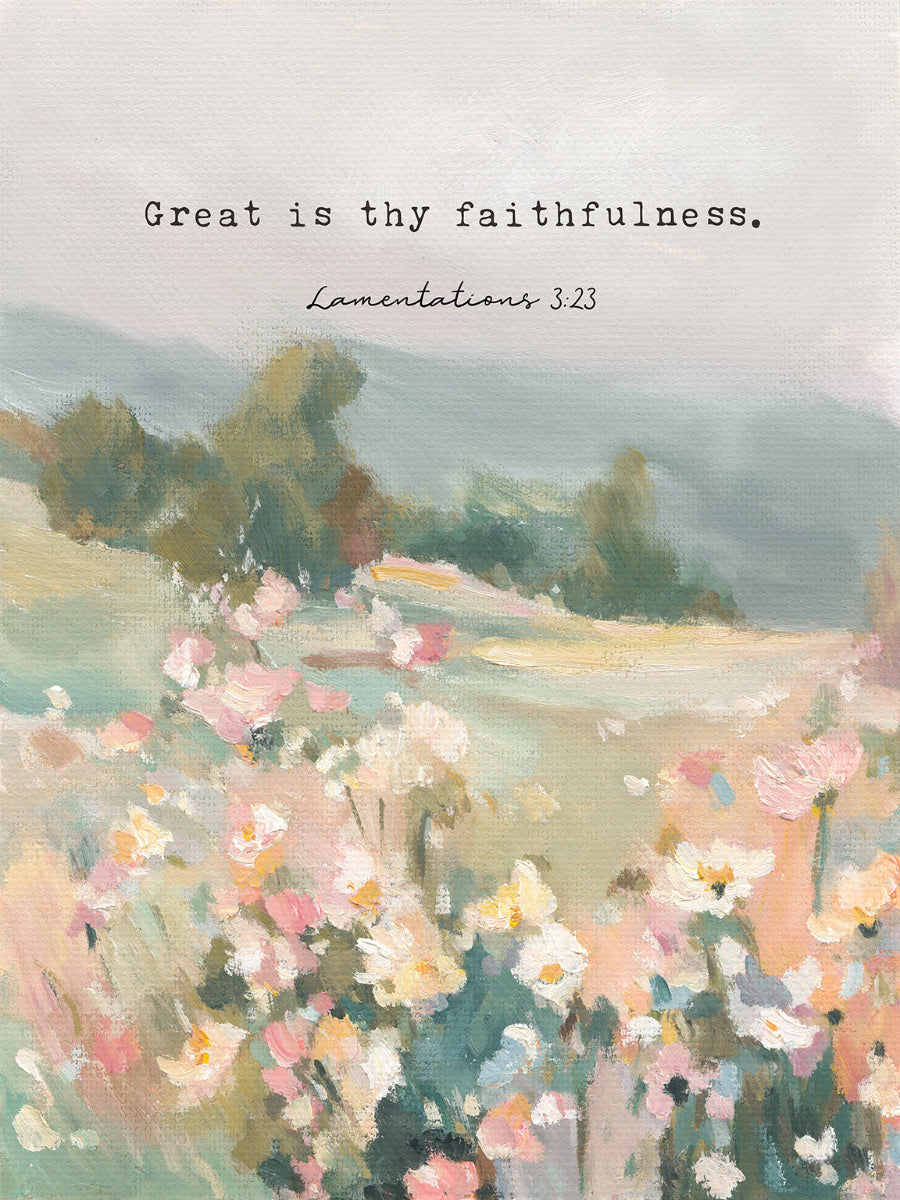 Christian wall art of wildflowers and trees with Lamentations 3:23 verse