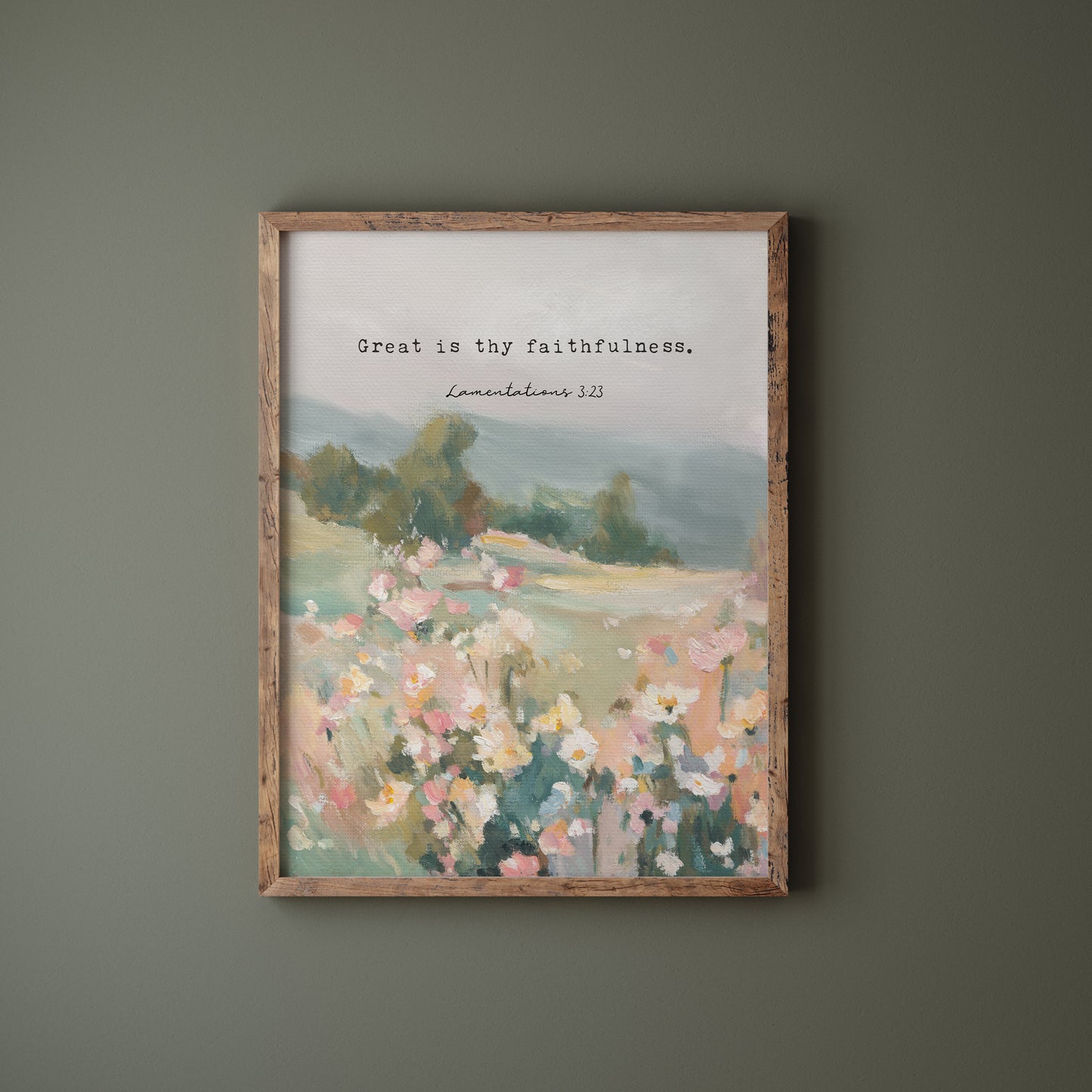Christian wall art of wildflowers and trees with Lamentations 3:23 verse
