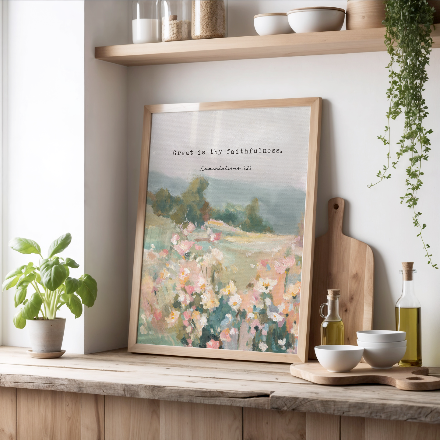 Christian wall art of wildflowers and trees with Lamentations 3:23 verse