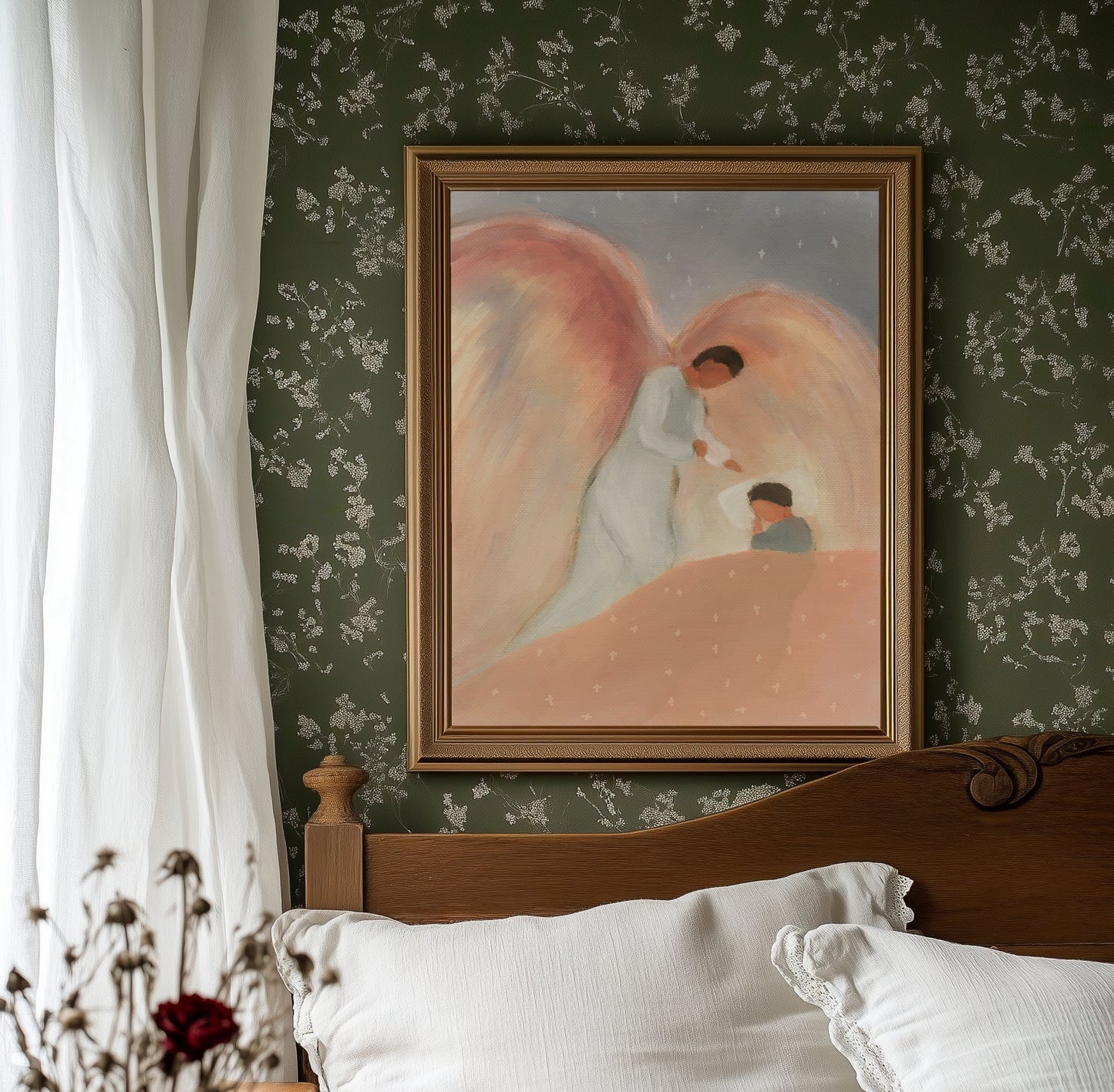 Guardian angel nursery wall art watching over sleeping child