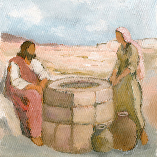 Jesus meets the Samaritan woman in this soft John 4 art print, reproduced from Joy Gonzales’s hand-painted original—a reminder of living water.