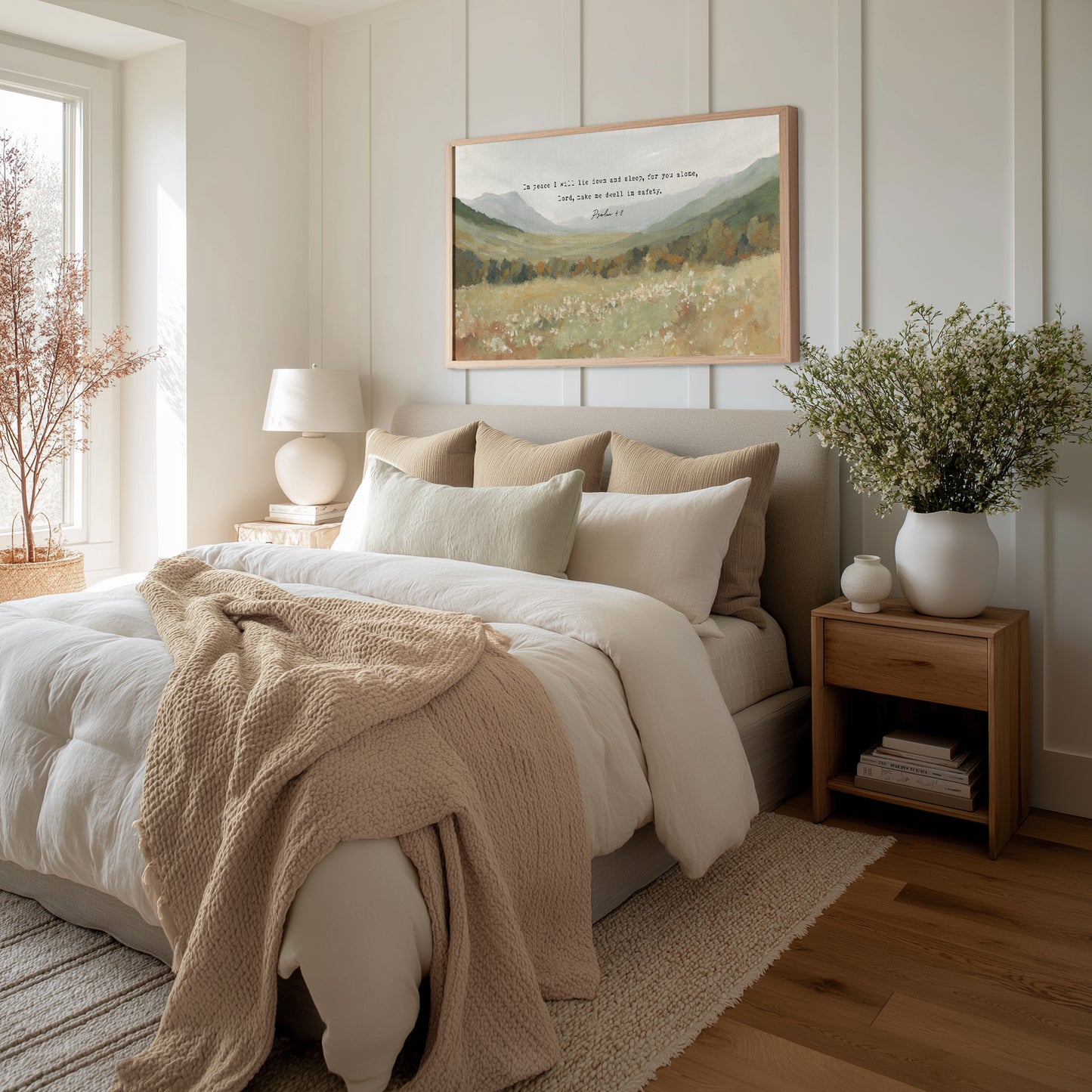 serene hill landscape with scripture verse psalm 4:8 – christian wall art for bedroom