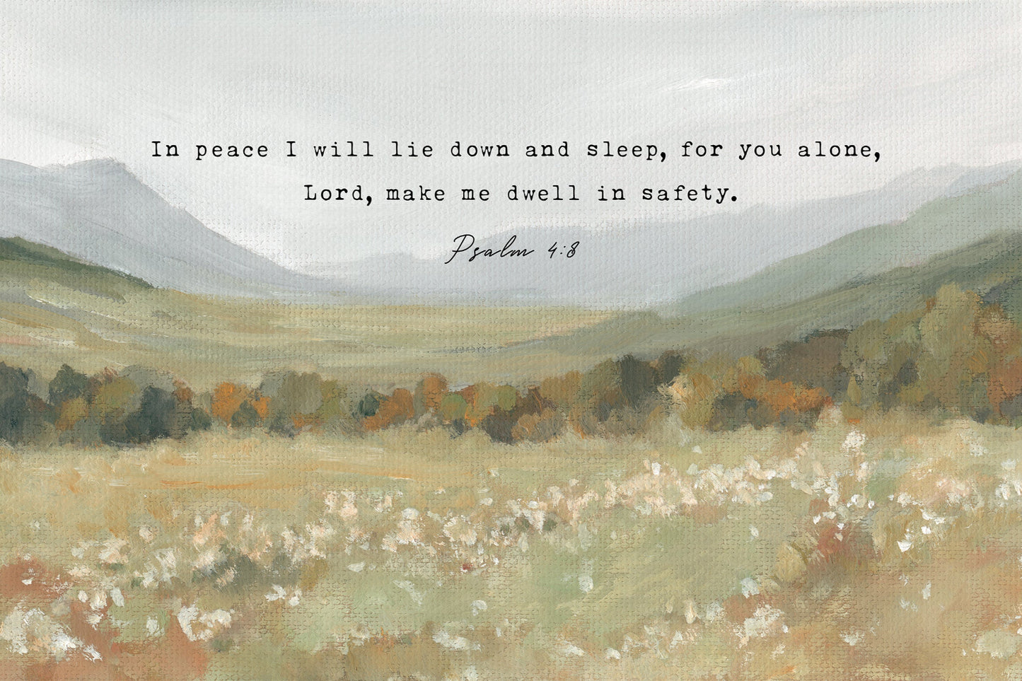 serene hill landscape with scripture verse psalm 4:8 – christian wall art print