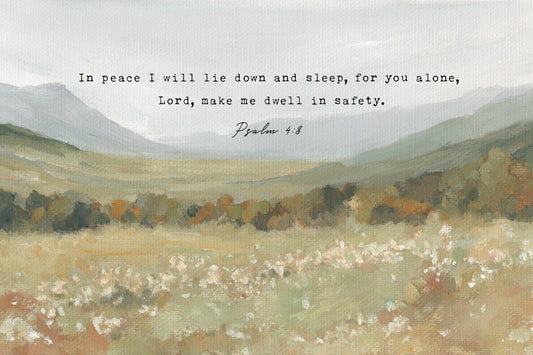 serene hill landscape with scripture verse psalm 4:8 – christian wall art print