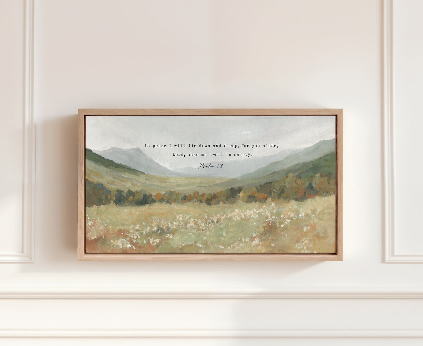 serene hill landscape with scripture verse psalm 4:8 – christian wall framed art print