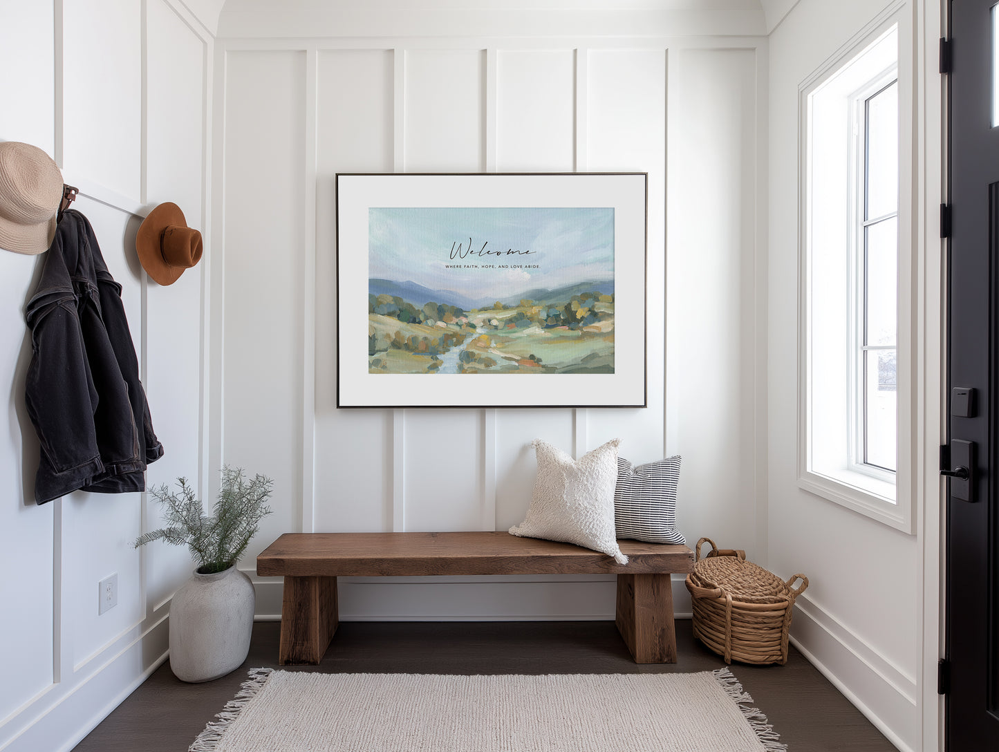 Serene Christian wall art of river and hills with Scripture quote