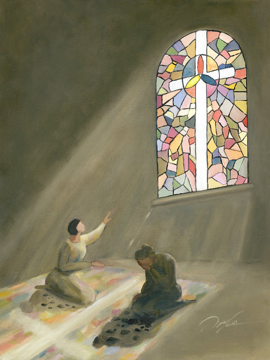 Stained glass cross Christian wall art with two women, one looking up in hope and one turned inward in grief and despair.