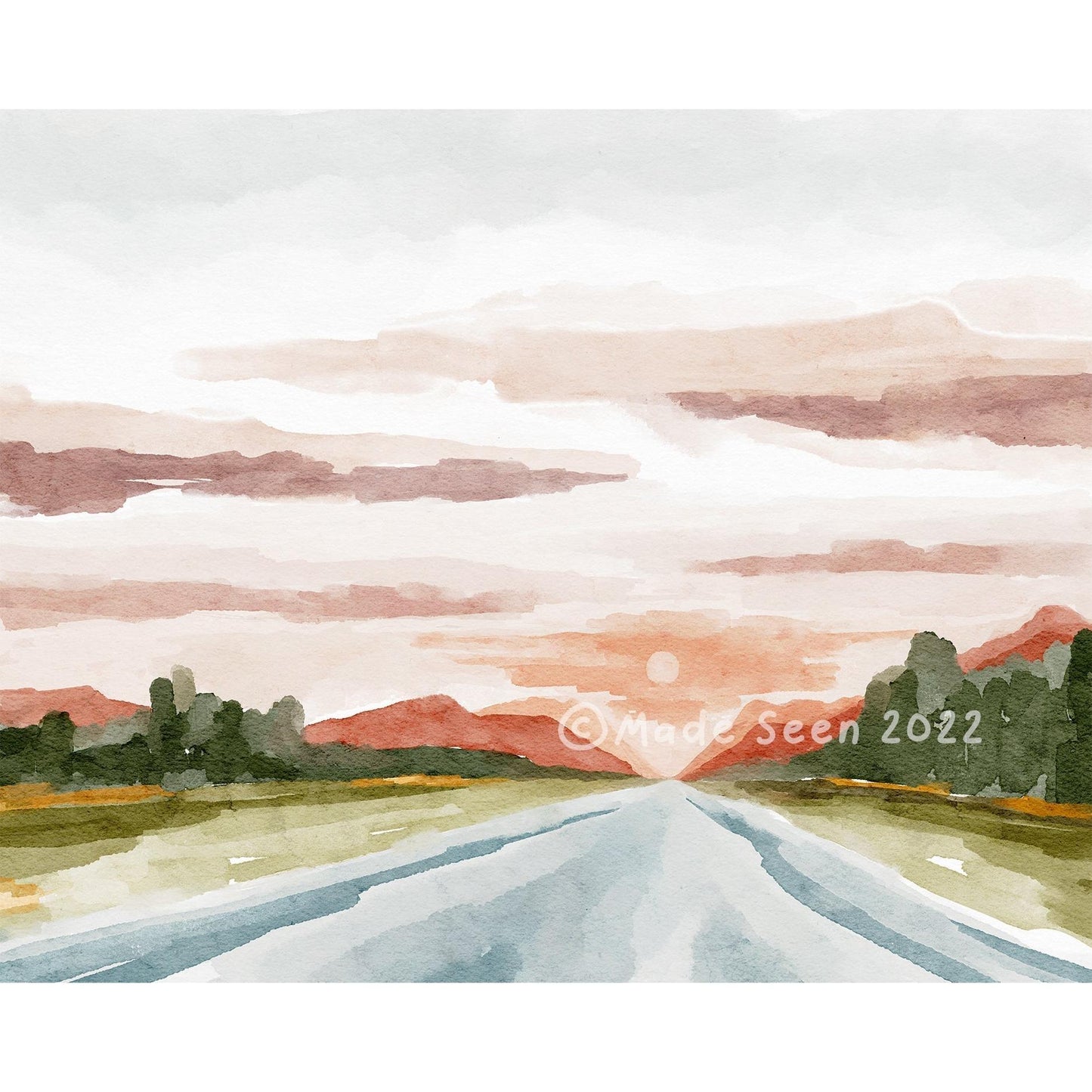 Sunset Landscape Watercolor Painting