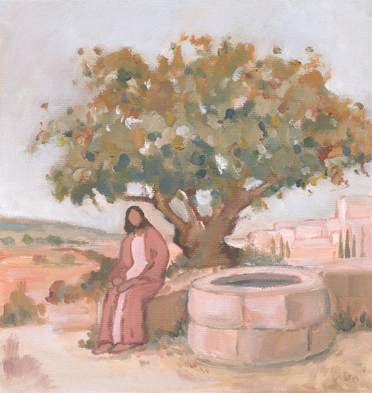 Christian art of Jesus waiting at the well for those who are longing to be loved