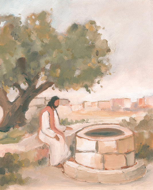 Christian art of Bible Story Jesus at the well offering living water