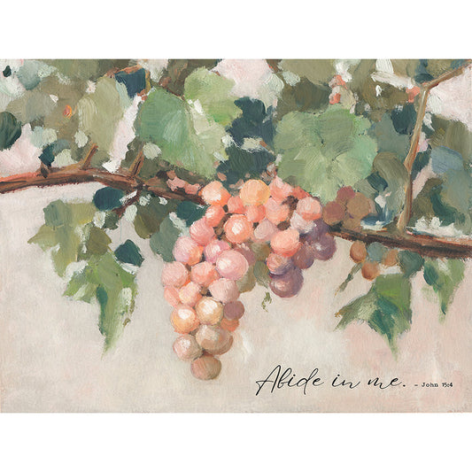 A Christian art of grape vine branch featuring "Abide in Me" quote, remind us to rely on God for growth