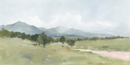 Peaceful landscape with green pasture, soft clouds, and gentle light, creating a calm and restful atmosphere, and inviting rest