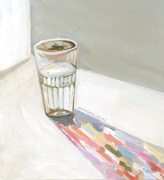 Painting of a glass of water casting a long colorful shadow, inspired by Matthew 10:42.