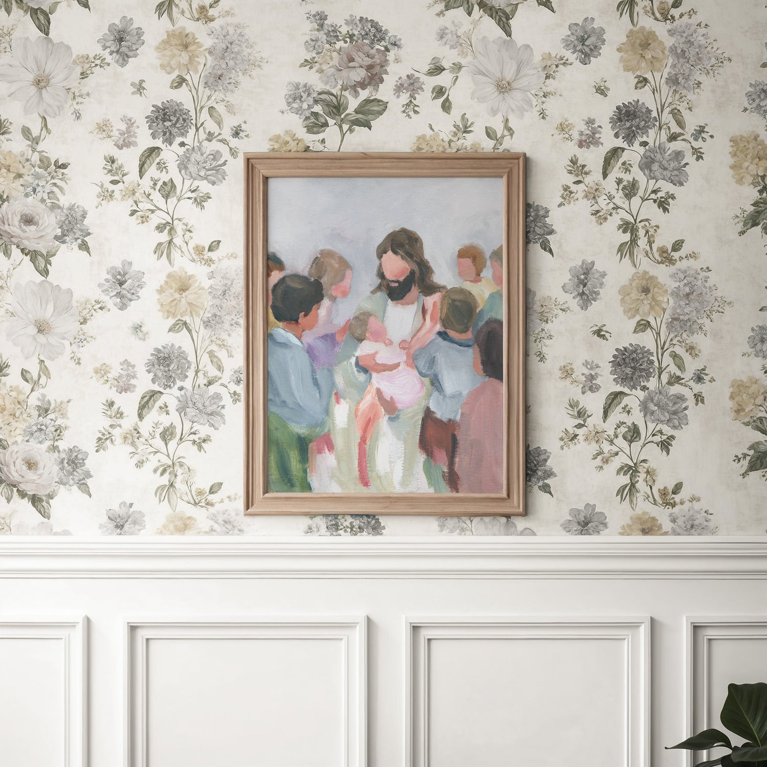 Christian wall art of Jesus holding baby in kids room