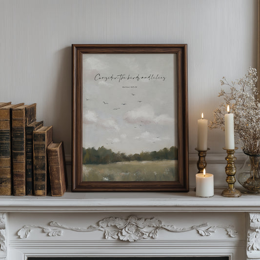Modern Vintage Christian Art Print of Birds & Florals | Matthew 6 | “Field & Feather”