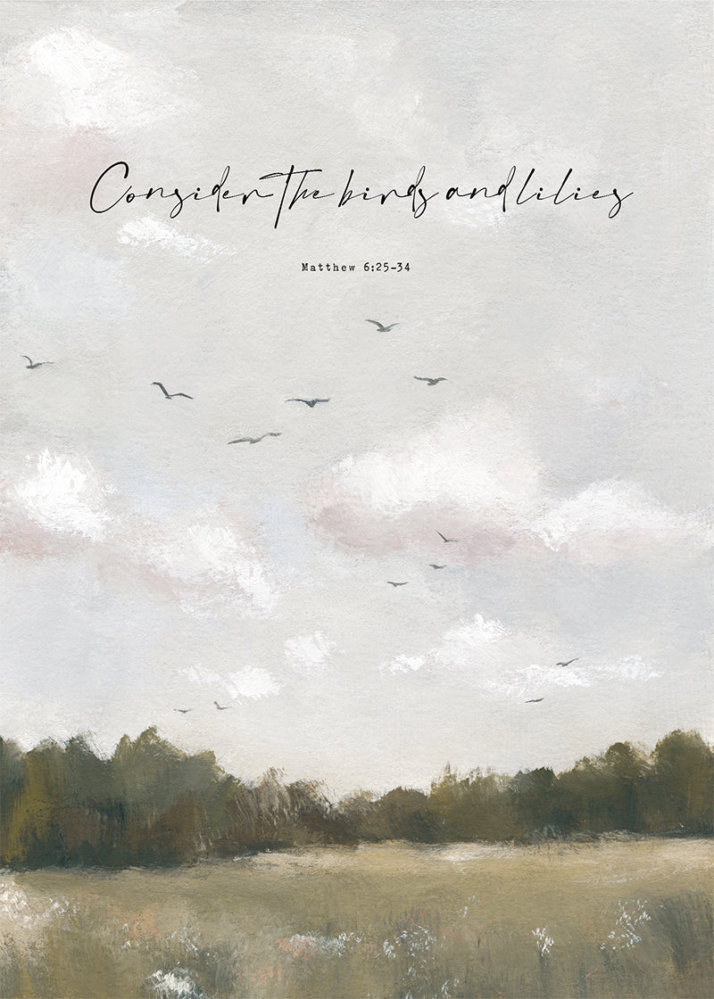 Modern Vintage Christian Art Print of Birds & Florals | Matthew 6 | “Field & Feather”