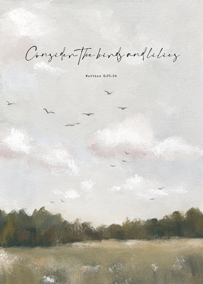 Modern Vintage Christian Art Print of Birds & Florals | Matthew 6 | “Field & Feather”