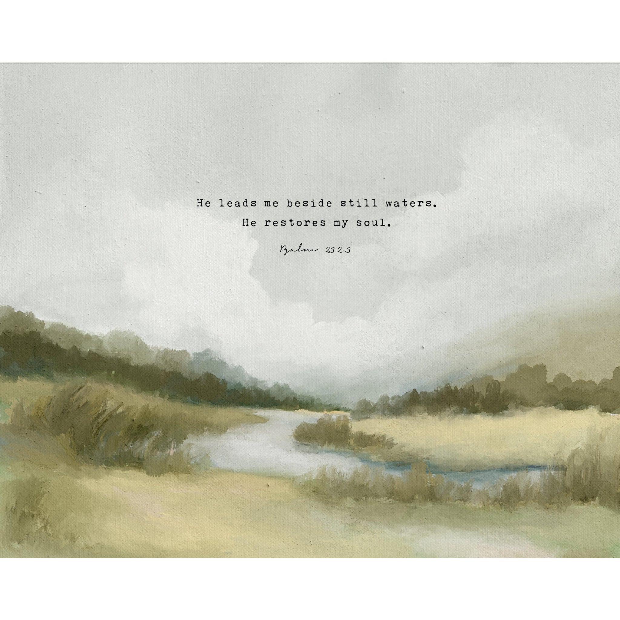 Peaceful christian art vintage landscape with scripture psalm 23
