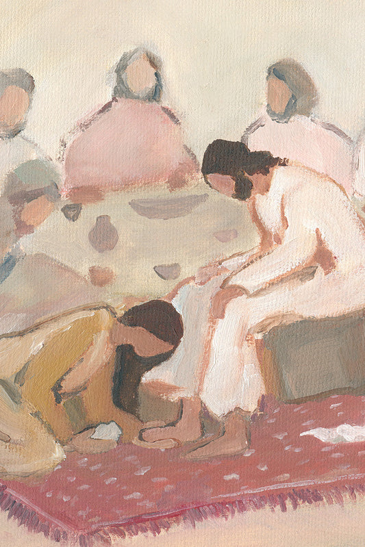 Mary anointing Jesus’ feet wall art inspired by John 12. A meaningful Christian art print reflecting devotion, worship, and sacrificial love.