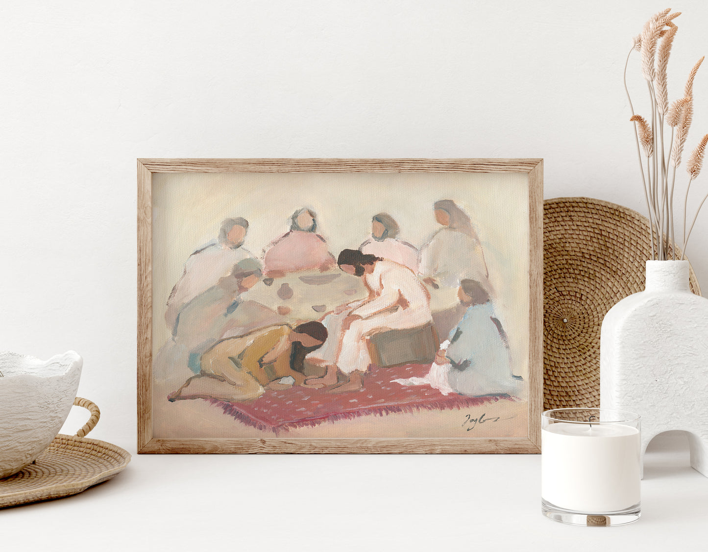 Framed Christian art of Mary anointing Jesus’ feet wall art inspired by John 12. A meaningful Christian art print reflecting devotion, worship, and sacrificial love.