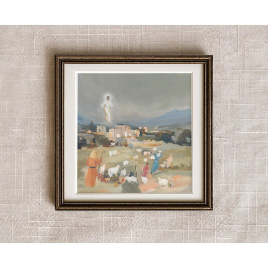 Christian Christmas Wall Art — "Behold in the Field" Angel Appears to Shepherds Scripture Print