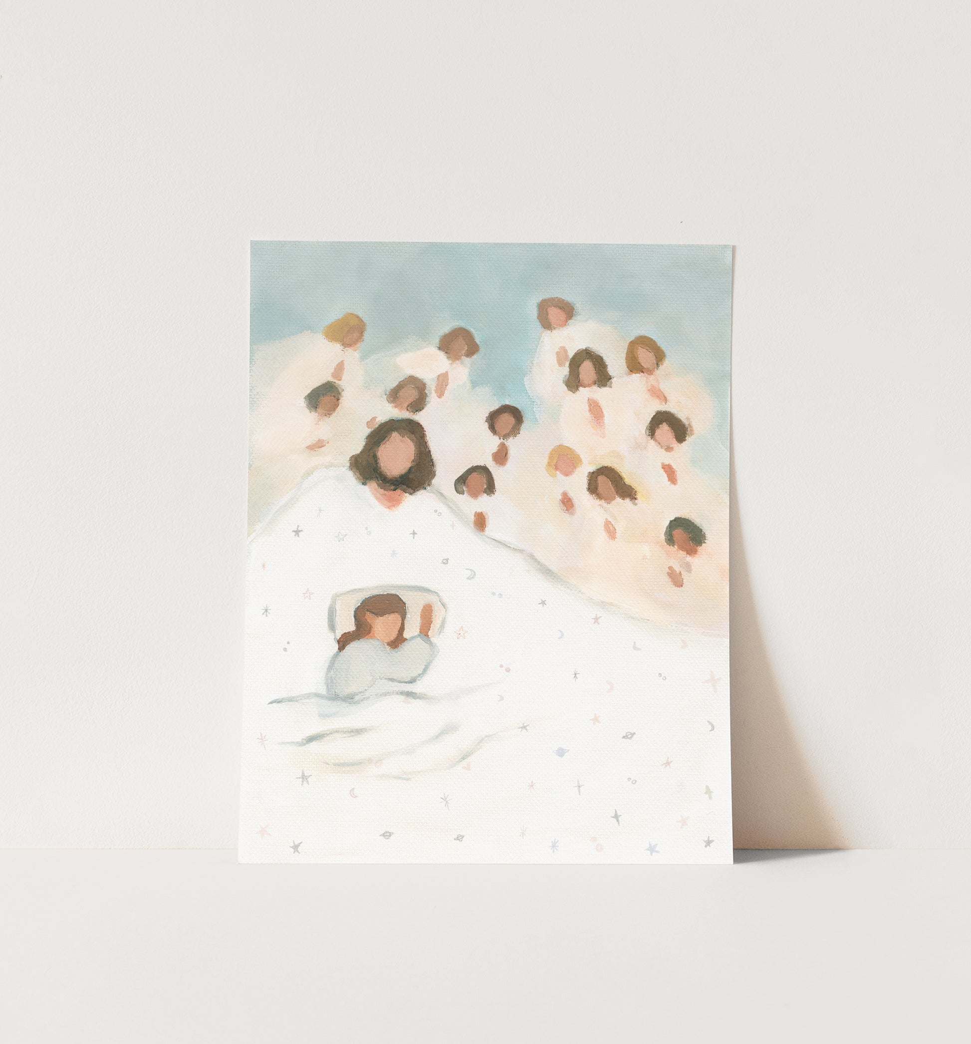 Christian nursery wall art of Jesus and angels watching over a sleeping child