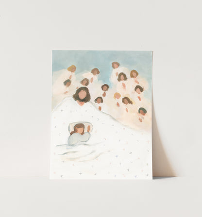 Christian nursery wall art of Jesus and angels watching over a sleeping child
