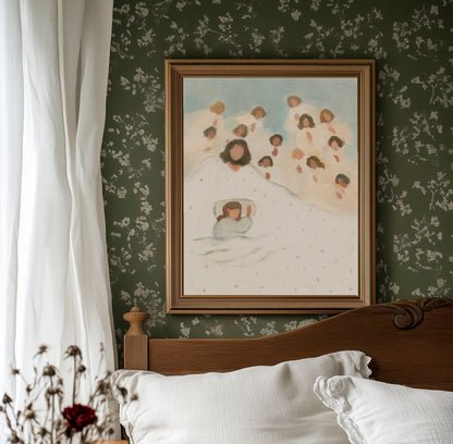 Christian nursery wall art of Jesus and angels watching over a sleeping child