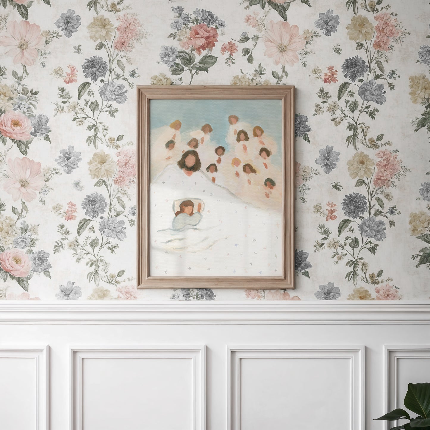 Christian nursery wall art of Jesus and angels watching over a sleeping child